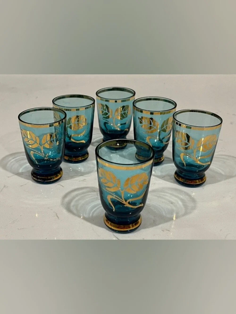 Vintage MCM Bohemian‎ Blue & Gold Gilded Liquor Decanter Set With 6 Glasses